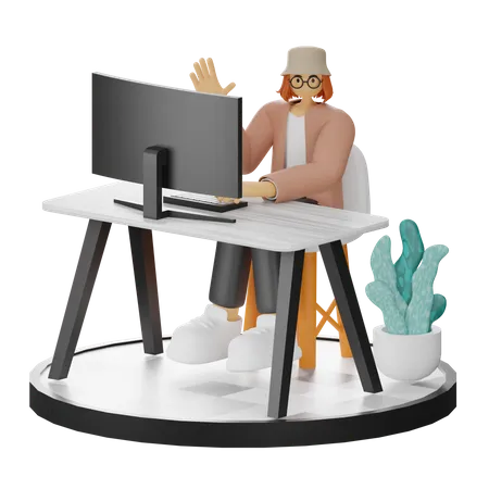 Woman Working On Desk  3D Illustration