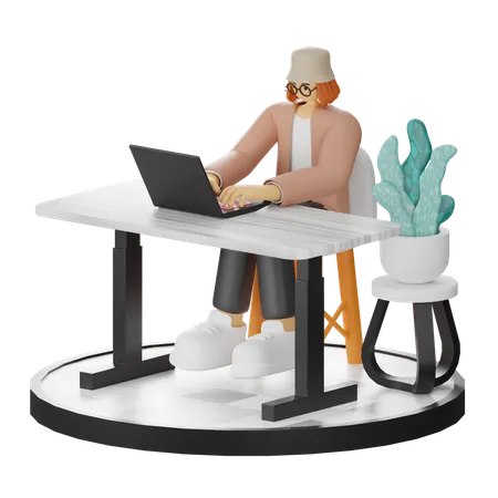 Woman Working On Laptop  3D Illustration