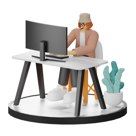 Woman Working On Laptop  3D Illustration