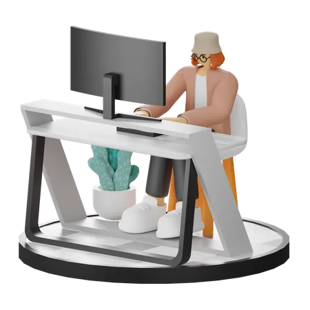 Woman Working On Laptop  3D Illustration