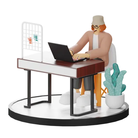 Woman Working On Laptop  3D Illustration