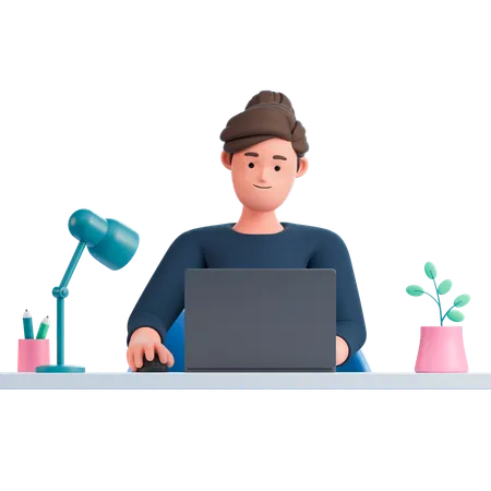 Woman Working On Laptop  3D Illustration