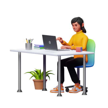 Woman Working On Laptop  3D Illustration