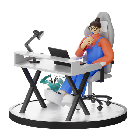 Woman working on laptop while drinking coffee  3D Illustration