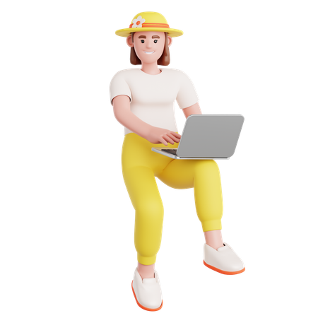 Woman Working with Laptop Flying in air  3D Illustration