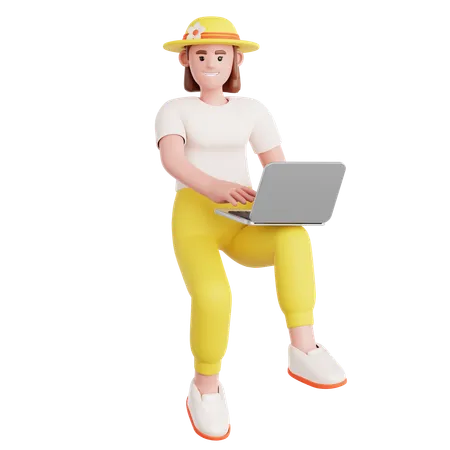 Woman Working with Laptop Flying in air  3D Illustration