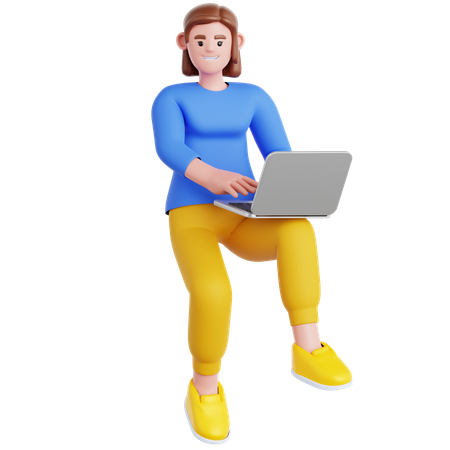 Woman Working with Laptop Flying in air  3D Illustration