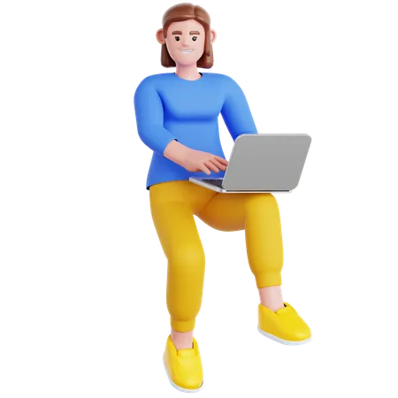 Woman Working with Laptop Flying in air  3D Illustration