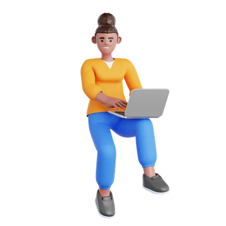 Woman Working with Laptop Flying in air  3D Illustration