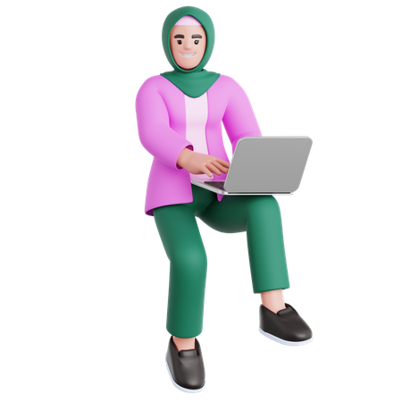 Woman Working with Laptop Flying in air  3D Illustration