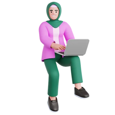 Woman Working with Laptop Flying in air  3D Illustration