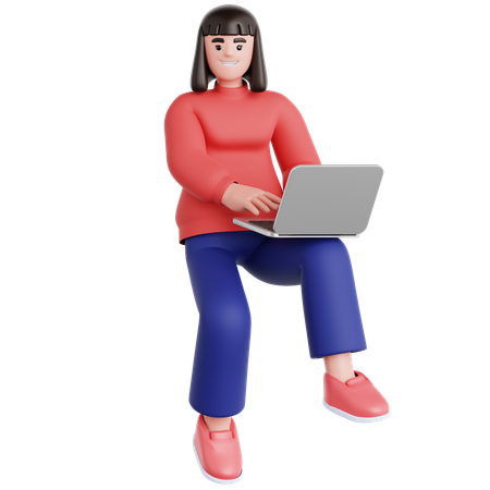 Woman Working with Laptop Flying in air  3D Illustration