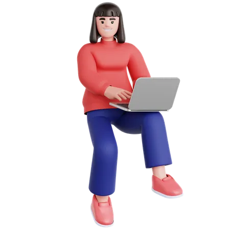 Woman Working with Laptop Flying in air  3D Illustration