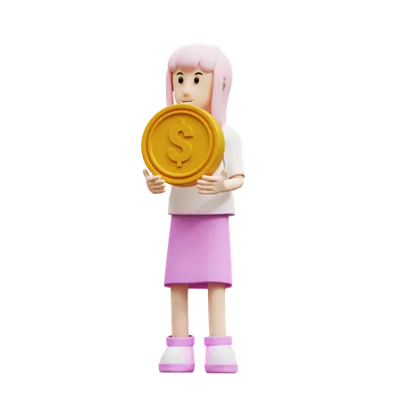 Women bring gold coin  3D Illustration