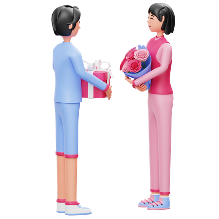 Women Give Flowers bouquet and gift to each other  3D Illustration
