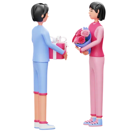 Women Give Flowers bouquet and gift to each other  3D Illustration