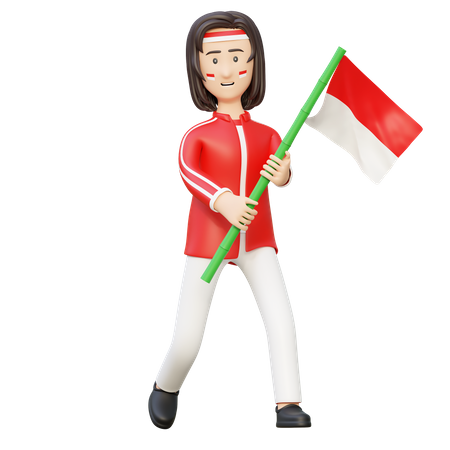 Women holding bamboo pole flag  3D Icon