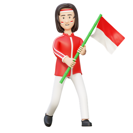 Women holding bamboo pole flag  3D Illustration