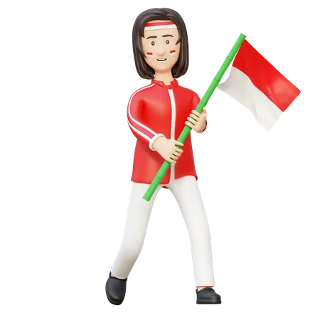 Women holding bamboo pole flag  3D Illustration