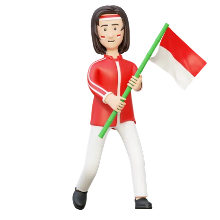Women Holding Flag Of Indonesia With Bamboo Pole Independence Day 3 D Cartoon Illustration 3D Illustration