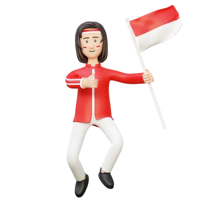Women Holding Flag Of Indonesia Independence Day 3 D Cartoon Illustration 3D Illustration