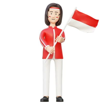 Women Holding Flag Of Indonesia Independence Day 3 D Cartoon Illustration 3D Illustration