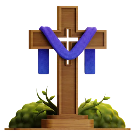 Wood Cross & Shawl With Grass  3D Icon