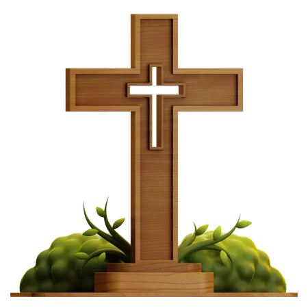 WOOD CROSS WITH GRASS  3D Icon