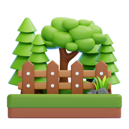 Wooden Fence With Trees And Greenery  3D Icon