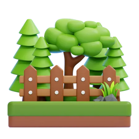 Wooden Fence With Trees And Greenery  3D Icon