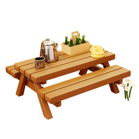 Cute Cartoon 3 D Wooden Long Table With Long Benches In Outdoor Camping Camping Garden Or Park Wood Furniture With Seat For Barbecue 3D Icon