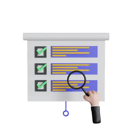 Infographic Presentation Board About Valid Check Mark With Hand Holding Magnifying Glass 3D Icon