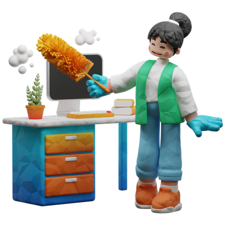 Worker Cleaning Office With Feather Brush  3D Icon