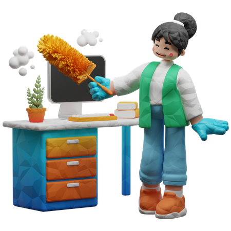 Worker Cleaning Office With Feather Brush  3D Illustration