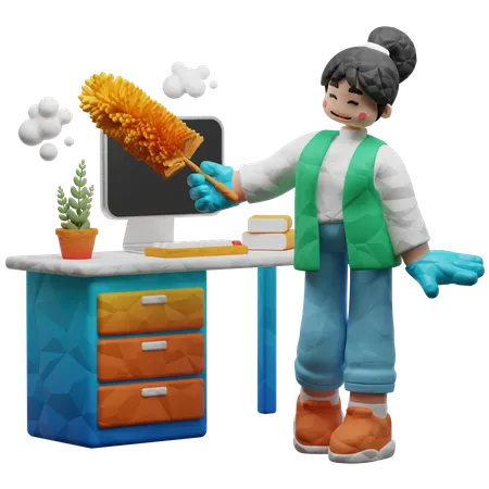 Worker Cleaning Office With Feather Brush  3D Illustration