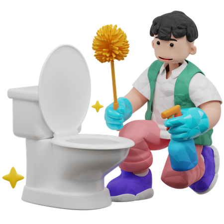 Worker Cleaning Toilet Using Cleaning Brush  3D Illustration