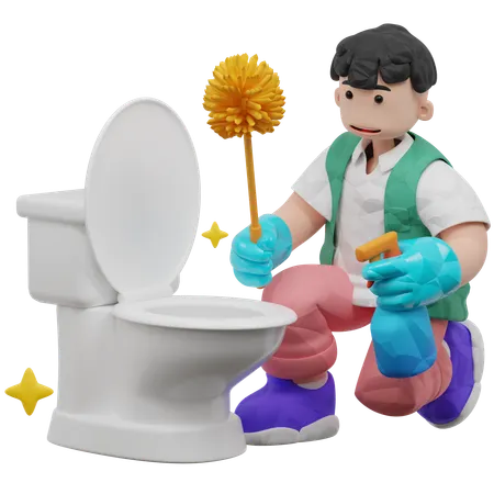 Worker Cleaning Toilet Using Cleaning Brush  3D Illustration