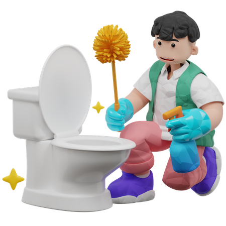 Worker Cleaning Toilet Using Cleaning Brush  3D Icon
