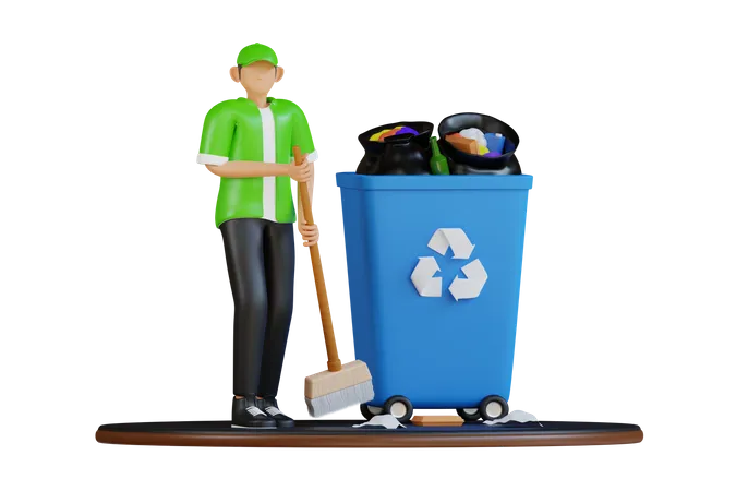 Worker collecting garbage  3D Illustration