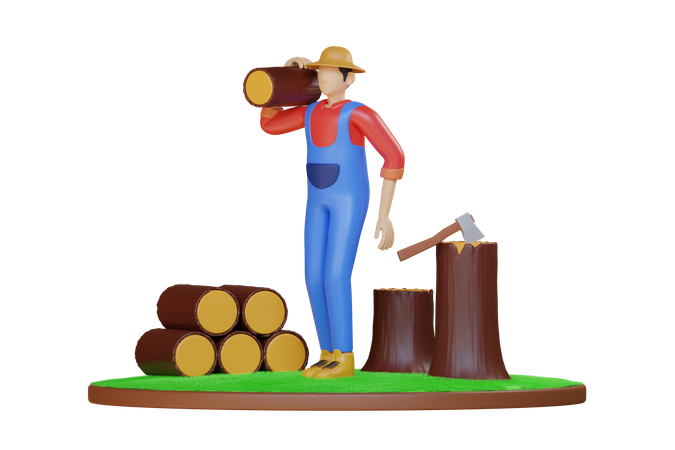 Worker cutting tree and collecting logs  3D Icon