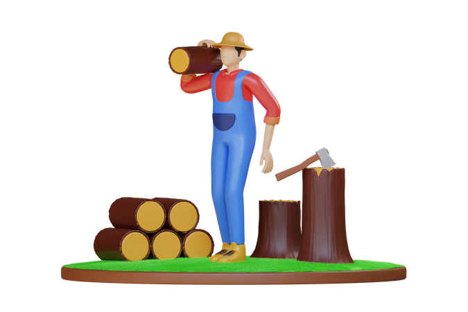 Worker cutting tree and collecting logs  3D Illustration