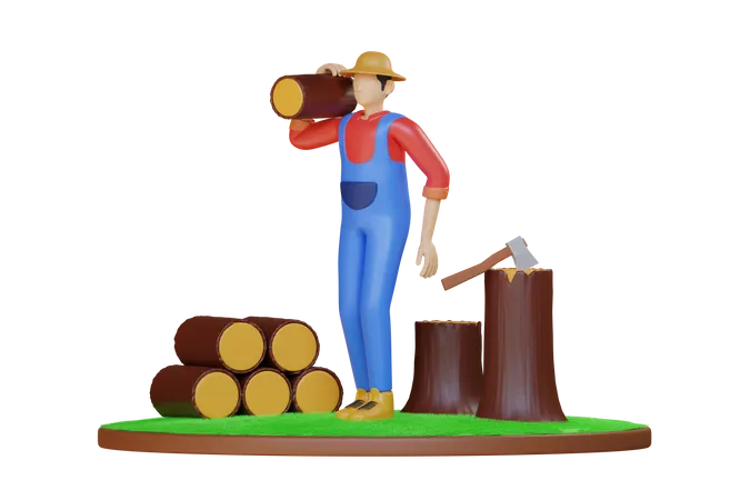 Worker cutting tree and collecting logs  3D Illustration