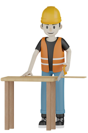 Worker Cutting Wooden Plate  3D Illustration