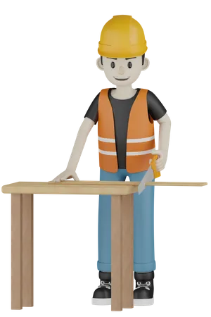 Worker Cutting Wooden Plate  3D Illustration