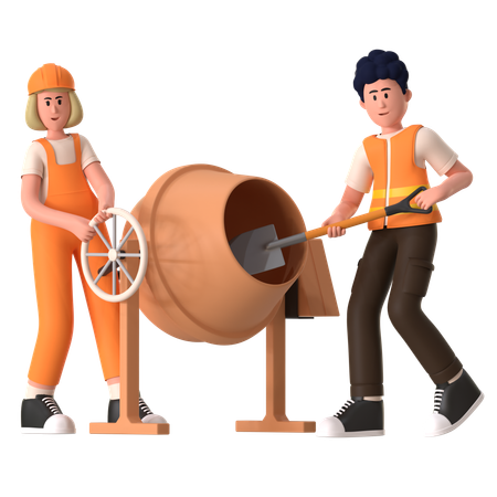 Worker Doing Concrete Cement Mixer  3D Illustration