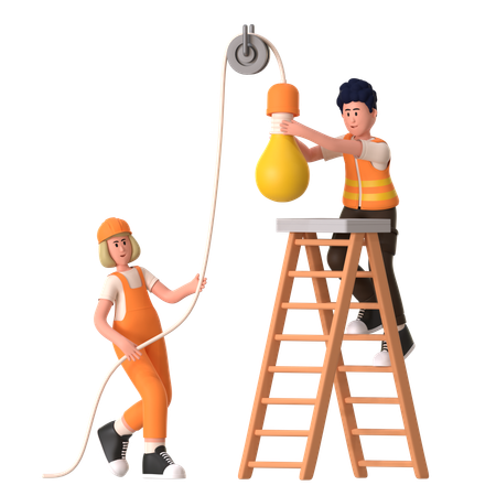 Worker Fixing Lights With Help on Ladder  3D Illustration