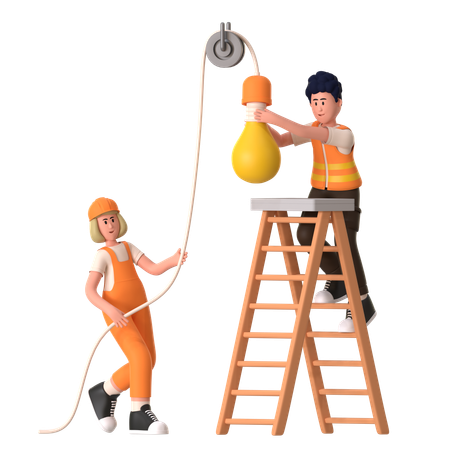 Worker Fixing Lights With Help on Ladder  3D Icon