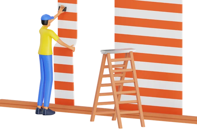 Worker Gluing A Wallpaper 3 D Illustration Decorating Home With New Wallpaper 3D Illustration