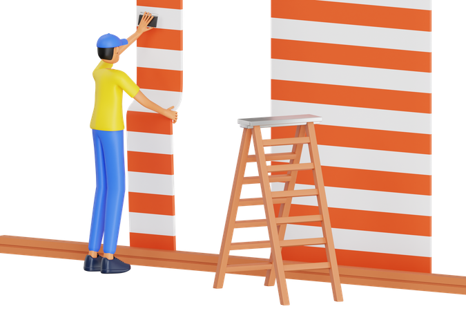 Worker Gluing Wallpaper  3D Illustration