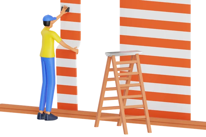 Worker Gluing Wallpaper  3D Illustration